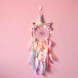 Feather Unicron Woven Net Pendant Decorations, with Tape Light, Iron Findings, Wind Chime for Home Decoration
