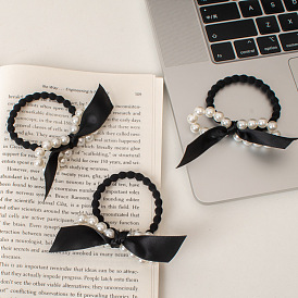 Chic Black Bow Pearl Hair Tie for Sweet Girls with Vintage Charm and Retro Style