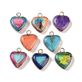 Dyed Synthetic Imperial Jasper Pendants, Brass Heart Charms, Golden