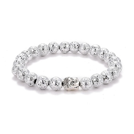 Perles rondes de roche de lave naturelle galvanisée bracelet extensible d'aromathérapie d'anxiété d'huile essentielle, Bracelet de perles en alliage tête de bouddha pour fille femme, argenterie