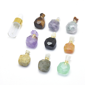 Natural Gemstone Openable Perfume Bottle Pendants, with Brass Findings and Glass Essential Oil Bottles
