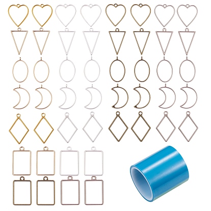 56Pcs 28 Styles Rack Plating Alloy Triangle Open Back Bezel Pendants, For DIY UV Resin, Epoxy Resin, Pressed Flower Jewelry, Nickel Free & Lead Free, with 1 Roll Seamless Paper Tape