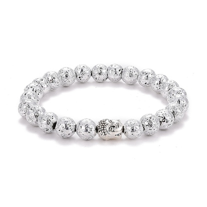 Perles rondes de roche de lave naturelle galvanisée bracelet extensible d'aromathérapie d'anxiété d'huile essentielle, Bracelet de perles en alliage tête de bouddha pour fille femme, argenterie