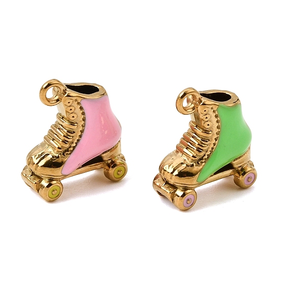 304 Stainless Steel Enamel Pendants, Roller Skates Charms, Ion Plating(IP), Real 18K Gold Plated