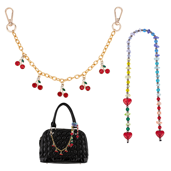 2 шт. 2 стили стеклянные бусины и сплав вишневый алюминий цепи сумки декоративные цепи, с поворотными застежками сплава, золотые