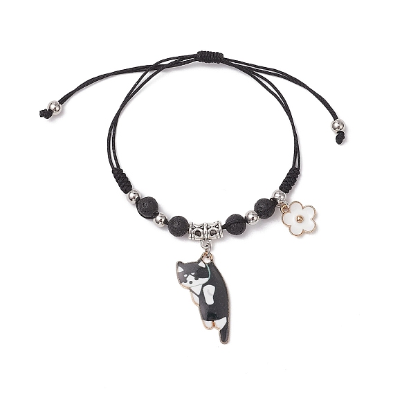 Natural Gemstone Beads Braided Bead Bracelets, Cat & Clover, with Printed Alloy Pendants & Nylon Thread
