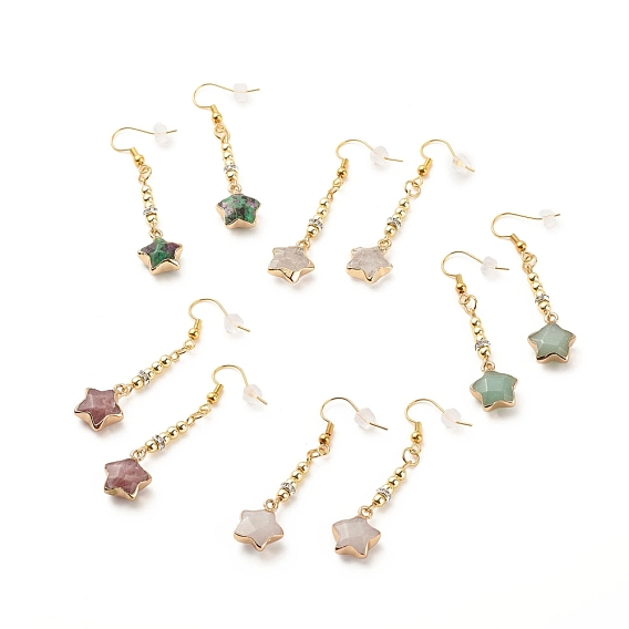 Natural Gemstone Star Dangle Earrings, Brass Long Drop Earrings for Women, Golden