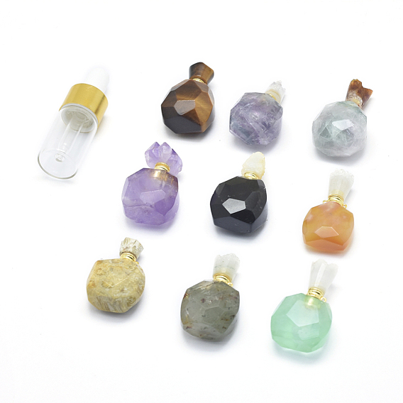 Natural Gemstone Openable Perfume Bottle Pendants, with Brass Findings and Glass Essential Oil Bottles