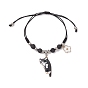 Natural Gemstone Beads Braided Bead Bracelets, Cat & Clover, with Printed Alloy Pendants & Nylon Thread