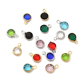 304 Stainless Steel with Glass Charms, Faceted Flat Round