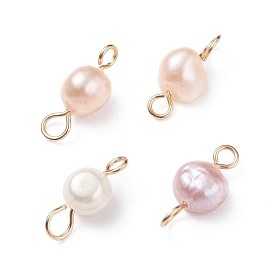Natural Cultured Freshwater Pearl Connector Charms, with Golden Tone 304 Stainless Steel Loops, Nuggets