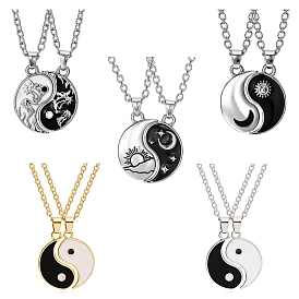 2Pcs 2 Style Couple Necklaces Set, Alloy Enamel Matching Yin Yang Pendants Necklace for Valentine's Day
