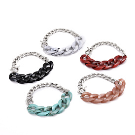 Acrylic & 304 Stainless Steel Curb Chain Bracelets, with Toggle Clasps, Stainless Steel Color