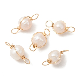 Natural Cultured Freshwater Pearl Connector Charms, Round Links with Real 18K Gold Plated Eco-Friendly Copper Wire Wrapped