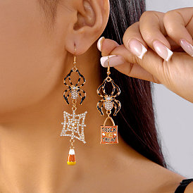 Alloy Crystal Rhinestone and Orange Enamel Spider Dangle Asymmetrical Earrings