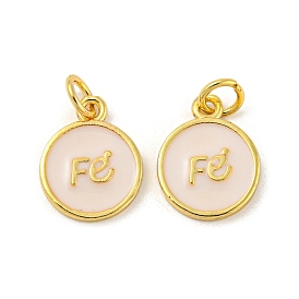 Rack Plating Brass Enamel Charms, with Jump Ring, Long-Lasting Plated, Lead Free & Cadmium Free, Flat Round with Word Fe Charm, Real 18K Gold Plated