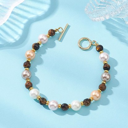 Браслеты из круглых бусин из ракушечного жемчуга и натурального тигрового глаза для женщин, с 304 застежками-тоглами из нержавеющей стали и плоскими круглыми латунными бусинами-разделителями