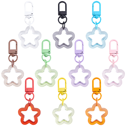10 pièces 10 décorations pendentifs en résine en forme d'étoile ajourée de différentes couleurs, avec fermoir pivotant en alliage, pour les décorations de sacs