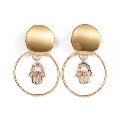 304 de acero inoxidable cuelgan aretes, con anillos de latón y colgantes, tuercas de oreja, hamsa mano / mano de fatima / mano de miriam