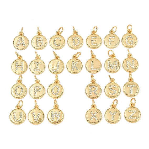 Breloques en laiton zircon cubique transparent, rond plat avec breloques en forme de lettre, plaqué longue durée, sans plomb et sans cadmium, crémaillère plaquage, réel 18 k plaqué or