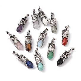 Gemstone Pendants, Faceted Bullet Charms, Rack Plating Antique Silver Tone Brass Wing Findings, Cadmium Free & Lead Free