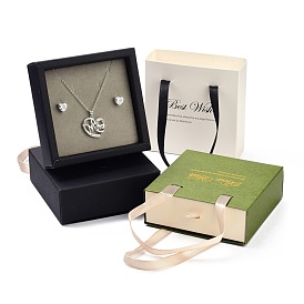 Paper Drawer Jewelry Set Box, with Black Sponge & Polyester Ribbon Handles, for Necklaces and Earrings, Square