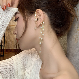 Fashionable Pearl Tassel Clip-on Ear Cuff for Women, Long Dangling Earrings without Piercing