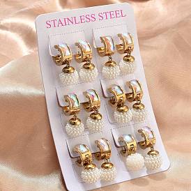 Круглые 201 серьги-кольца из нержавеющей стали, с 304 штифтов из нержавеющей стали, со стеклом и абс пластиком имитация жемчуга, вакуумное покрытие pvd