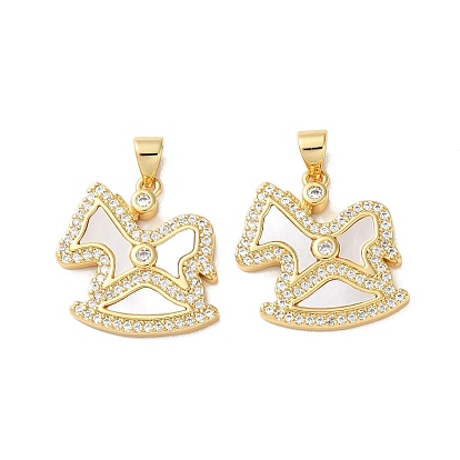 Brass Micro Pave Cubic Zirconia Pendants, Cadmium Free & Lead Free, with Shell, Real 18K Gold Plated, Wooden Horse