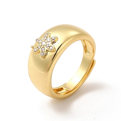 Clear Cubic Zirconia Flower Adjustable Ring, Rack Plating Brass Jewelry for Women, Long-Lasting Plated, Cadmium Free & Lead Free