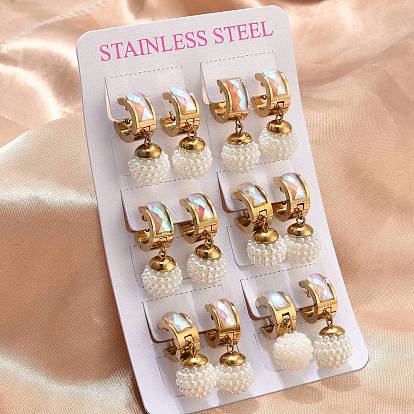 Круглые 201 серьги-кольца из нержавеющей стали, с 304 штифтов из нержавеющей стали, со стеклом и абс пластиком имитация жемчуга, вакуумное покрытие pvd