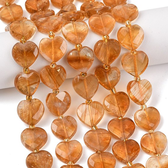 Нагретые нити из натуральных цитриновых бусин, сердце, граненые, с бисером