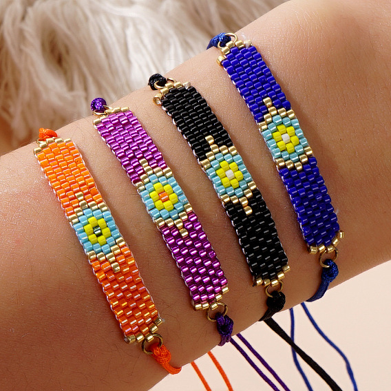 Браслеты из стеклянных бусин, плетеные браслеты из полиэфирного шнура для женщин, цветок