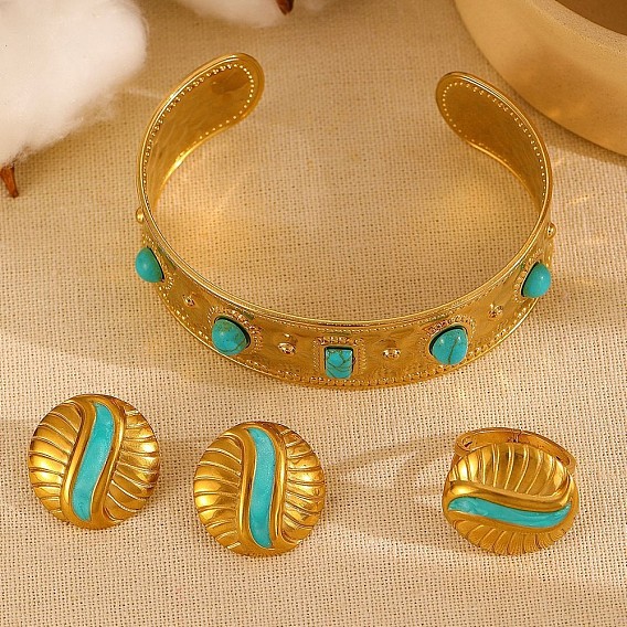Комплекты из браслетов-манжет, колец и серег-гвоздиков из синтетической бирюзы, металлические ювелирные наборы, плоско-круглые