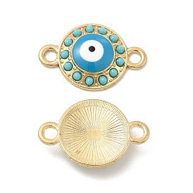Alloy Connector Charms with Enamel and Synthetic Turquoise, Flat Round Links with Turquoise Evil Eye, Nickel