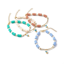 Handmade Polymer Clay Beads Bracelets, with Evil Eye Lampwork & Brass & Glass Beads