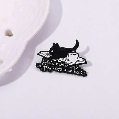 Cute Animal Black Cat Metal Brooch Coffee Book English Letter Clothing Bag Badge