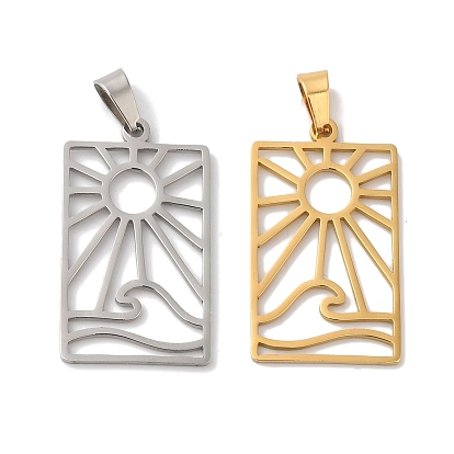 304 подвески из нержавеющей стали, лазерная резка, прямоугольник с очарованием солнца и морской волны