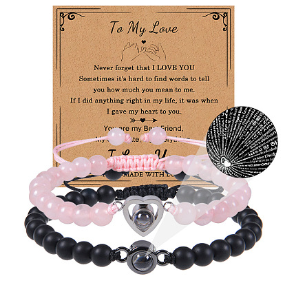 Natural Matte Stone Crystal Couple Bracelet with 100 Language Projection - Perfect Gift Card Present