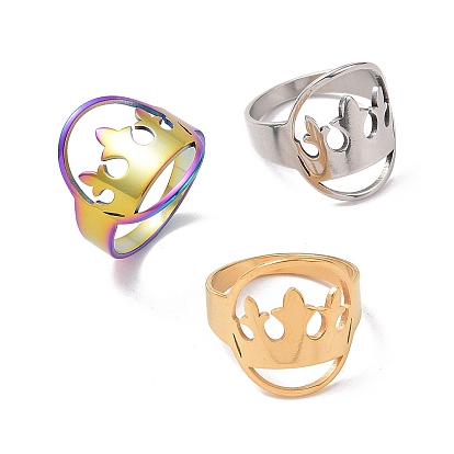 201 Stainless Steel Oval with Crown Finger Ring, Hollow Wide Ring for Women