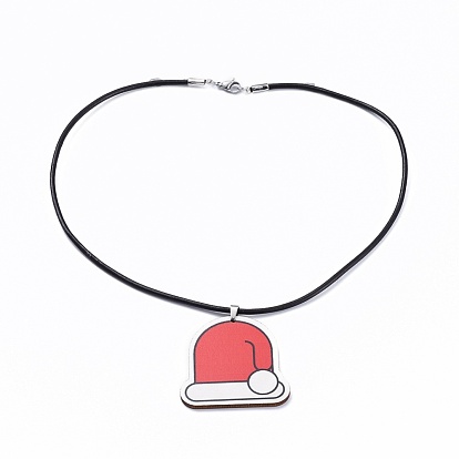 Colliers imprimés en tilleul, avec vachette cordon en cuir et 304 en acier inoxydable fermoirs pince de homard, pour noël, chapeau de Noël