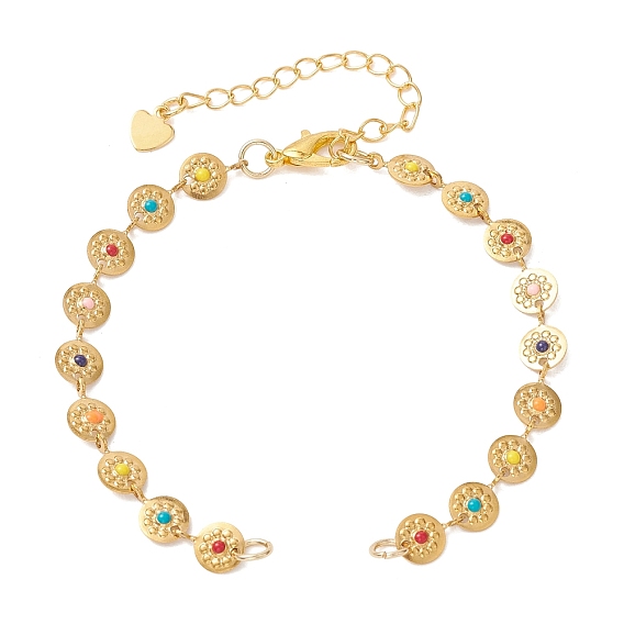 304 Браслет из нержавеющей стали с эмалированным покрытием, плоский, круглый, с цветочным звеном, для изготовления браслета., с цинковым сплавом застежками омаров коготь