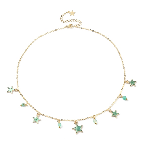Natural Agate Round & Alloy Enamel Star Charms Bib Necklace with 304 Stainless Steel Chains