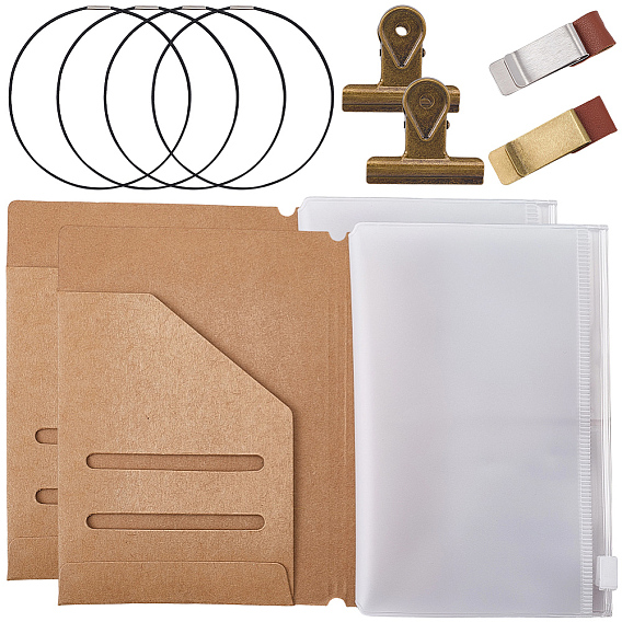 Traveler Notebook Accessories, Include 4Pcs Nylon Elastic Ropes, 1Pc Brass Ticket Holder, 2Pcs Iron Binder Clip, 2Pcs Kraft Paper Card Holder and 2Pcs Rectangle PVC File Pockets