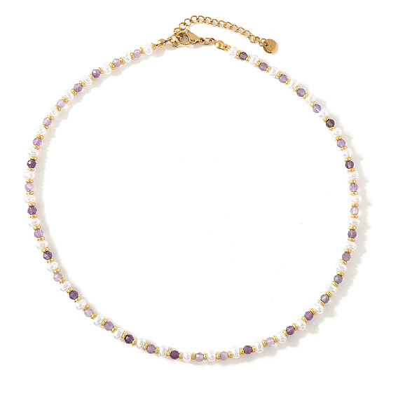 White Faux Pearl and Natural Amethyst Faceted Round Beaded Necklaces with 304 Stainless Steel End Chains for Women