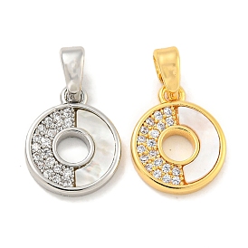 Brass Micro Pave Clear Cubic Zirconia Pendants, with Shell, Flat Round