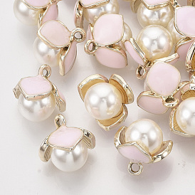Alloy Enamel Pendants, with ABS Imitation Pearl Beads, Light Gold, Flower