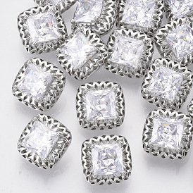 Brass Shank Buttons, with Micro Pave Cubic Zirconia, Square, Clear