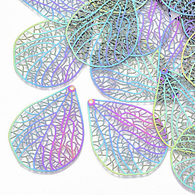 Ion Plating(IP) 304 Stainless Steel Filigree Pendants, Etched Metal Embellishments, Teardrop