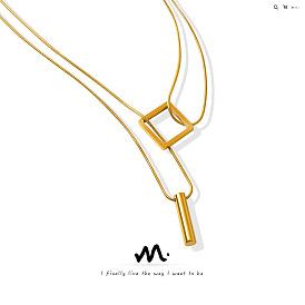 Summer all-match square long double-layer necklace stacked with geometric titanium steel gold-plated clavicle chain P770